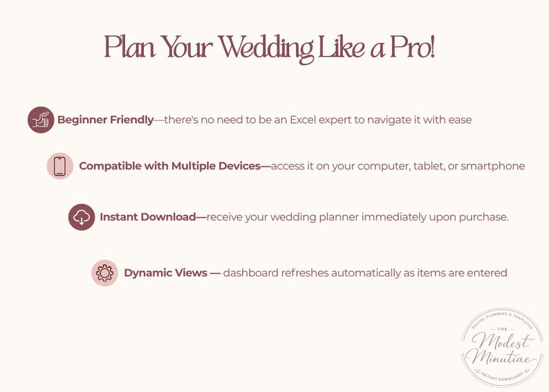 Puede incluir: Anuncio de planificador de bodas digital con el texto "&iexcl;Planifica tu boda como un profesional!" y vi&ntilde;etas que describen caracter&iacute;sticas como la facilidad para principiantes, la compatibilidad con dispositivos, la descarga instant&aacute;nea y las vistas din&aacute;micas. El logotipo de Modest Minutiae es visible.