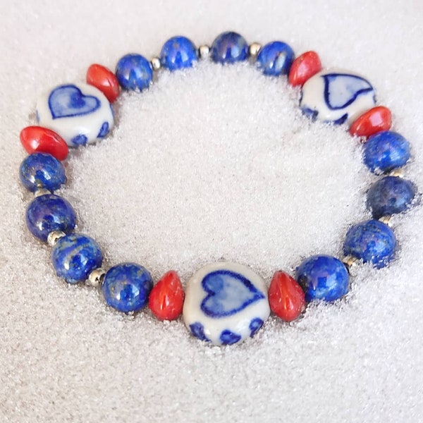 Dutch Delft Blue bracelet with Ceramic Hearts, Lapis Lazuli & Pau Brasil/ Special gift/ Handmade/ Dutch Style/ Reiki charged