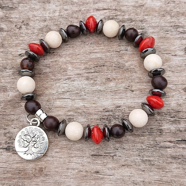 Amazon Seeds Bracelet with Pau Brasil, Boliche, Fossil Stones & Hematite/ Mala Spiritual/ Reiki/ Handmade/ Elastic/Charm Tree of Life