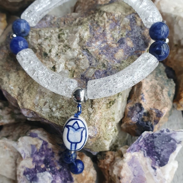 Dutch Delft Blue bracelet, Ceramic Heart, Lapis Lazuli & Acrylic tube beads/ Special gift/ Handmade/ Dutch Style/ Reiki charged