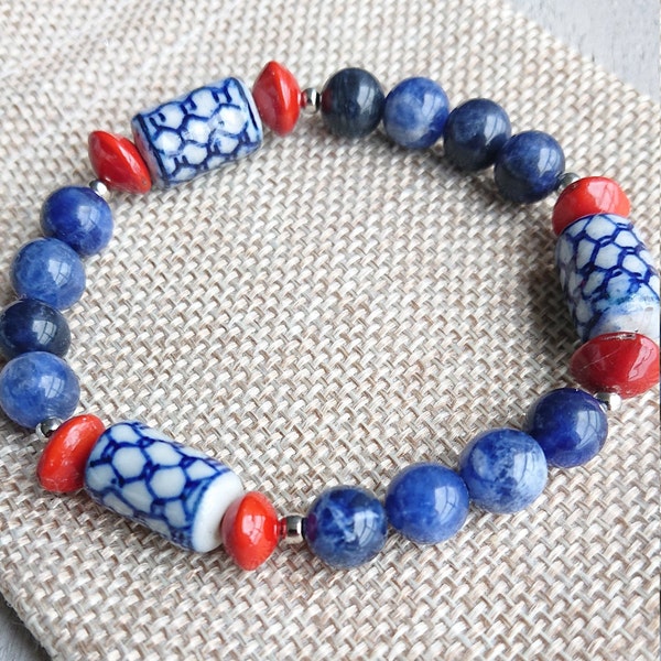 Dutch Delft Blue Ceramic Beads bracelet with Sodalite & Pau Brasil/ Handmade Mala Reiki charged/ Dutch Style/ Original Gift