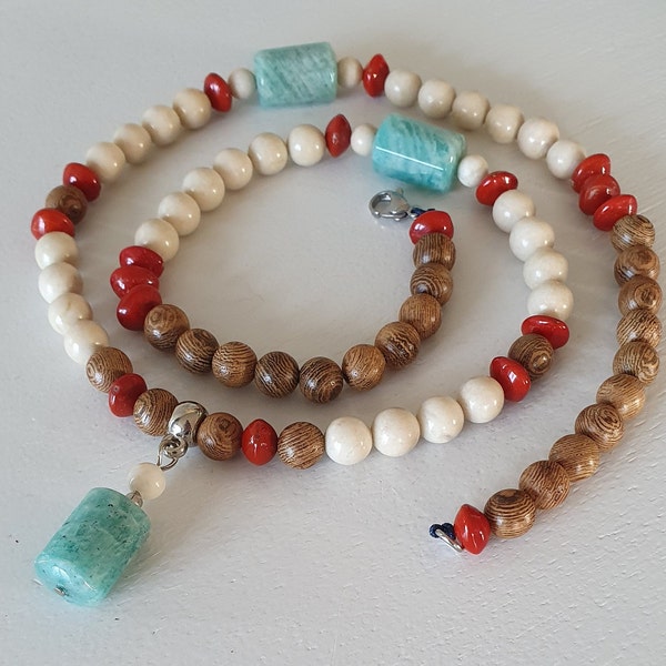 Beachstyle Necklace Amazonite, Riverstone, Pau Brasil seeds, Sandalwood/ Genuine Gemstone/ Mala, Spiritual gift for her/ Reiki charged