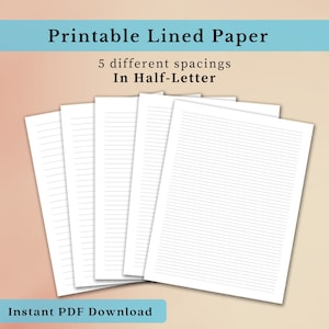 Carta a righe stampabile in formato PDF. Formato mezza lettera. Righe larghe, righe college, 5 mm 6 mm 10 mm / Fogli a righe, Carta per appunti, Mezza A, Download immediato