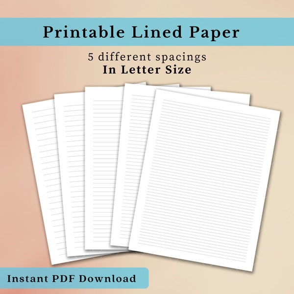 Printable Lined Paper PDF. Letter Size. Wide Ruled, College Ruled, 5mm 6mm 10mm   |   Lined Sheets, Note Paper, Instant Download