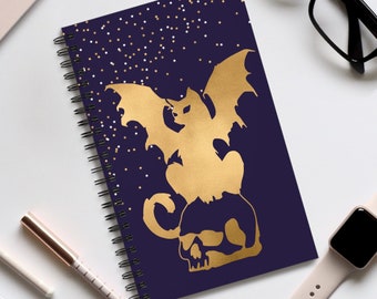 Dot Grid Notebook  |  5x8 |  Bat Cat on a Skull  |  Spiral Bound DotGrid Journal