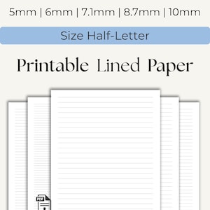 Papel rayado imprimible en PDF. Tamaño media carta. Rayas anchas, rayado universitario, 5 mm, 6 mm y 10 mm. Hojas rayadas, papel para notas, tamaño media A, descarga instantánea.