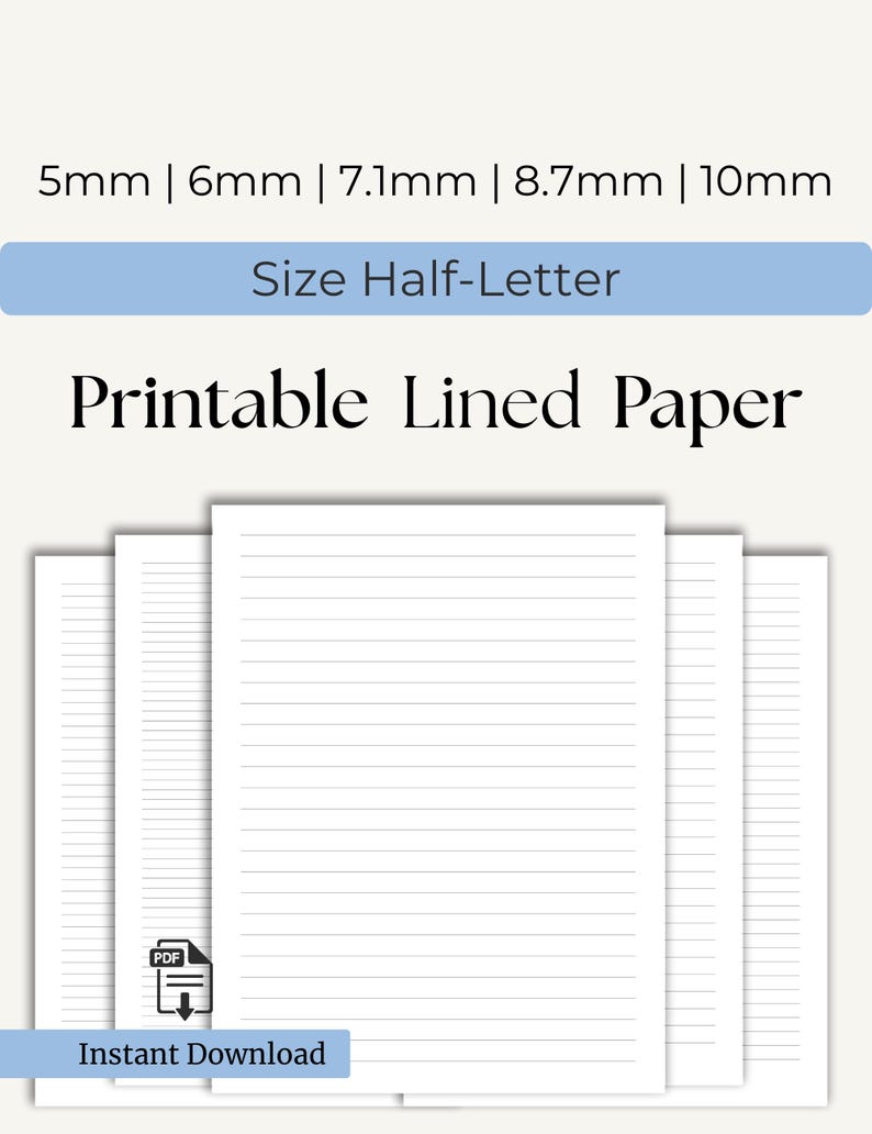 Half Rounded Paper Printable Lined Paper PDF. Half-letter Size. Wide Ruled, College Ruled ...