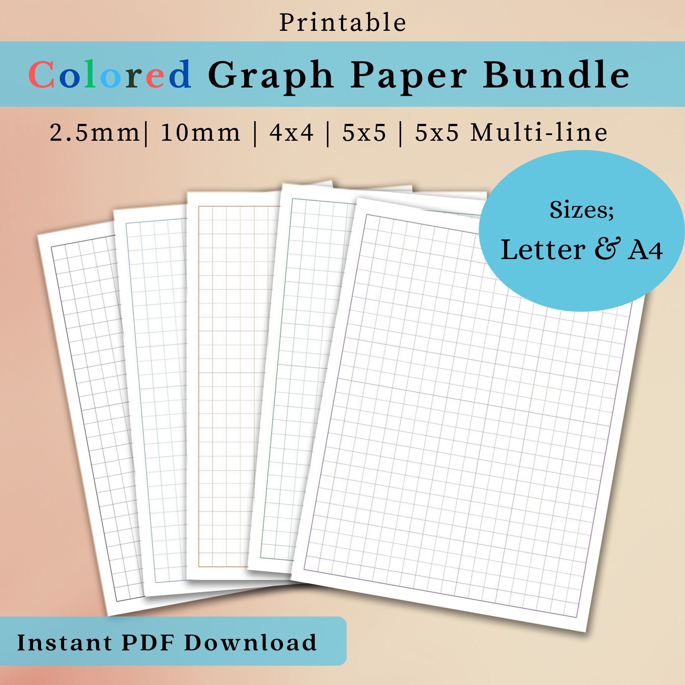 Colored Printable Graph Paper PDF -Letter & A4- 2.5mm, 10mm, 4x4, 5x5 and 5x5 Multi |  5 Colors  | Grid, Note Paper, Instant Download