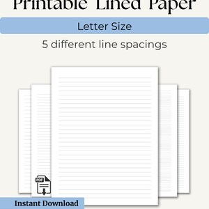 Printable Lined Paper PDF. Letter Size. Wide Ruled, College Ruled, 5mm 6mm 10mm   |   Lined Sheets, Note Paper, Instant Download