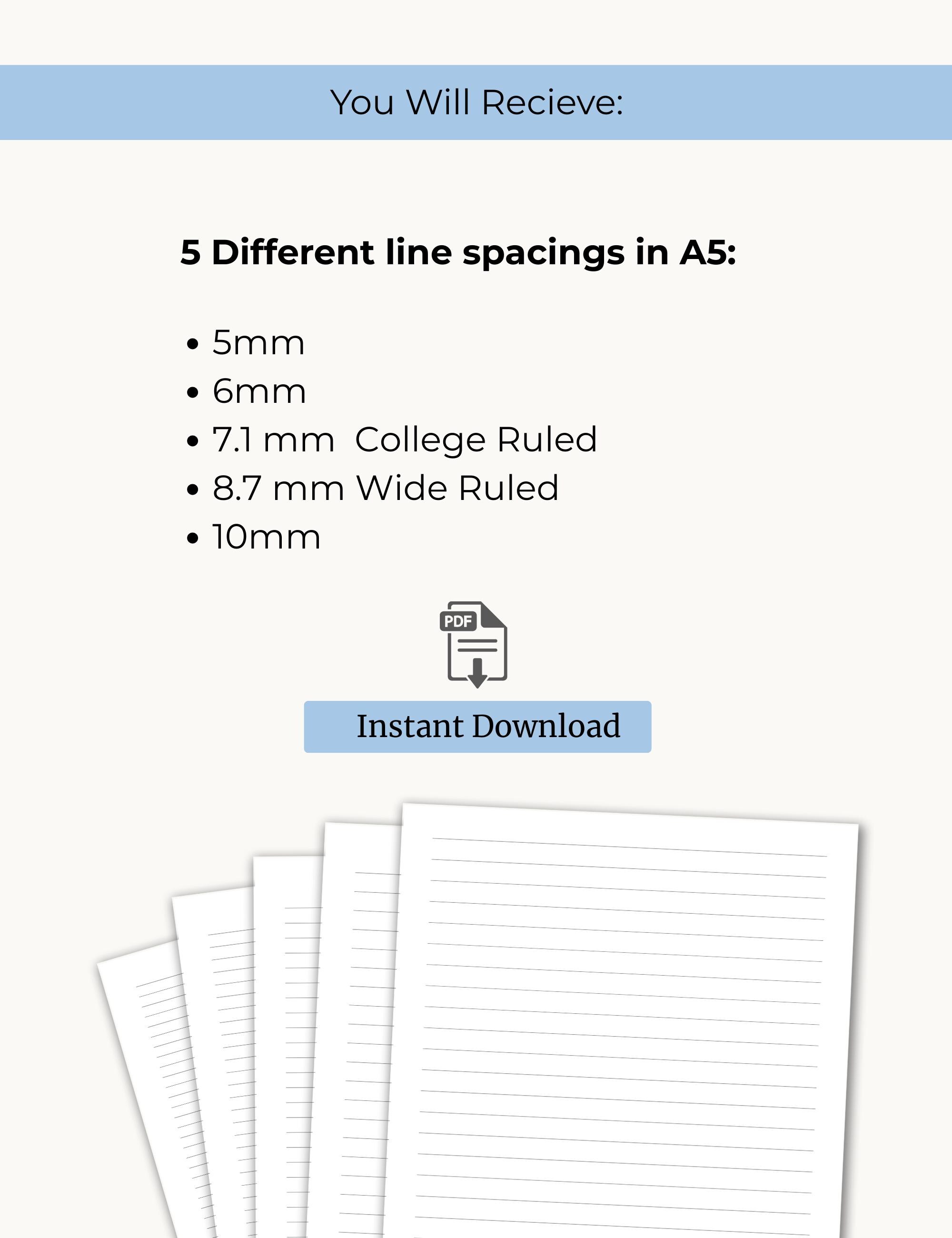 Printable Lined Paper PDF. A5 Size. Wide Ruled, College Ruled, 5mm 6mm ...