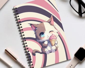 Dot Grid Notebook  |  5x8 | Cute cat with icecream  |  Spiral Bound DotGrid Journal