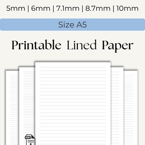 Printable Lined Paper PDF. A5 Size. Wide Ruled, College Ruled, 5mm 6mm ...