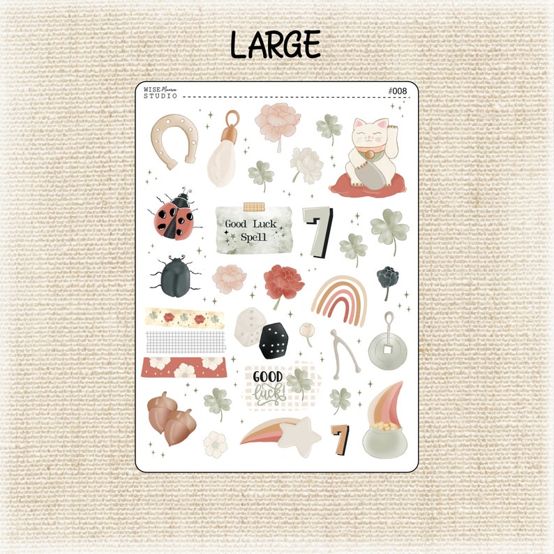 May include: A sheet of stickers with a variety of good luck charms, including a horseshoe, a ladybug, a four-leaf clover, a rainbow, a dice, a wishbone, a lucky cat, and a pot of gold. The stickers are on a white background and have a whimsical, hand-drawn style.
