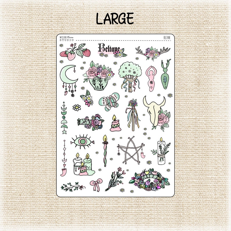 May include: A sheet of stickers with a variety of designs, including flowers, candles, a crescent moon, a butterfly, a bull skull, a star, and the word "Beltane". The stickers are in shades of green, pink, and white.