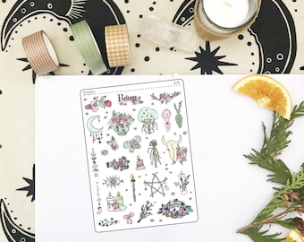 Beltane 2.0 Deco Planner Stickers, Pagan Sabbat Deco Sampler, Hand Drawn Wicca Stickers, Book of Shadows