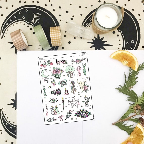 Beltane 2.0 Deco Planner Stickers, Pagan Sabbat Deco Sampler, Hand Drawn Wicca Stickers, Book of Shadows