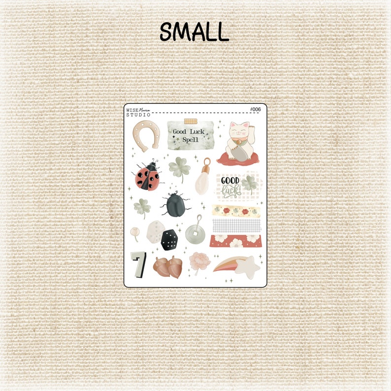 May include: A sheet of stickers with a good luck theme. The stickers feature a horseshoe, a ladybug, a four-leaf clover, a cat, a dice, a horseshoe, a star, a rainbow, and more. The stickers are on a white background.
