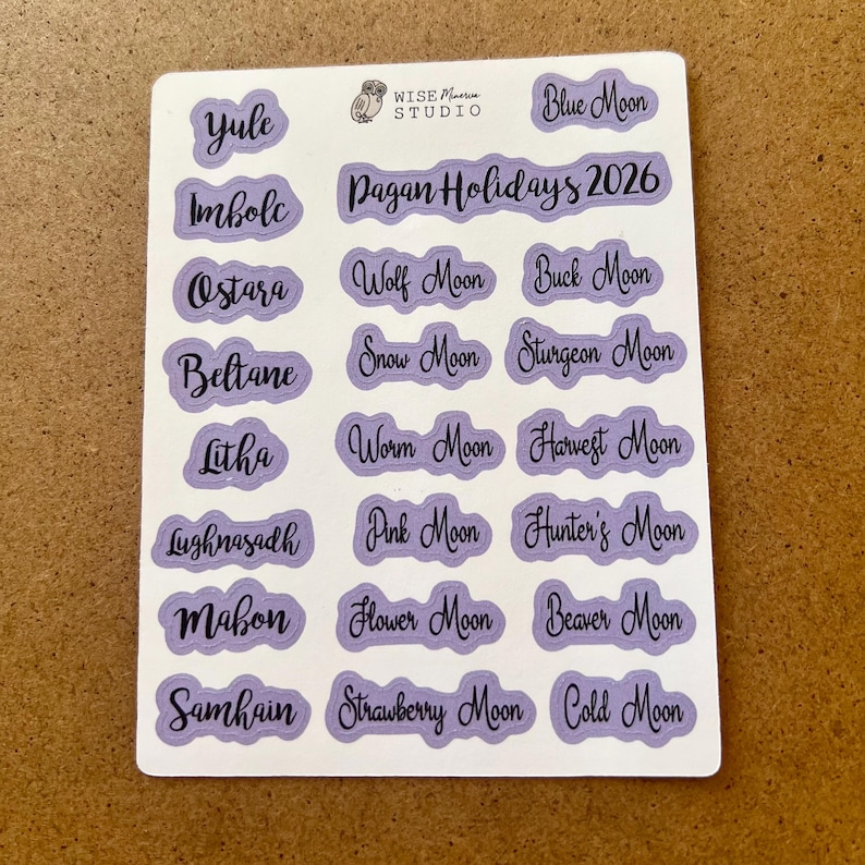 2026 Pagan Holidays Script Planner Stickers, Journal Stickers Purple