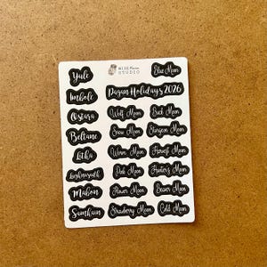 2026 Pagan Holidays Script Planner Stickers, Journal Stickers Black