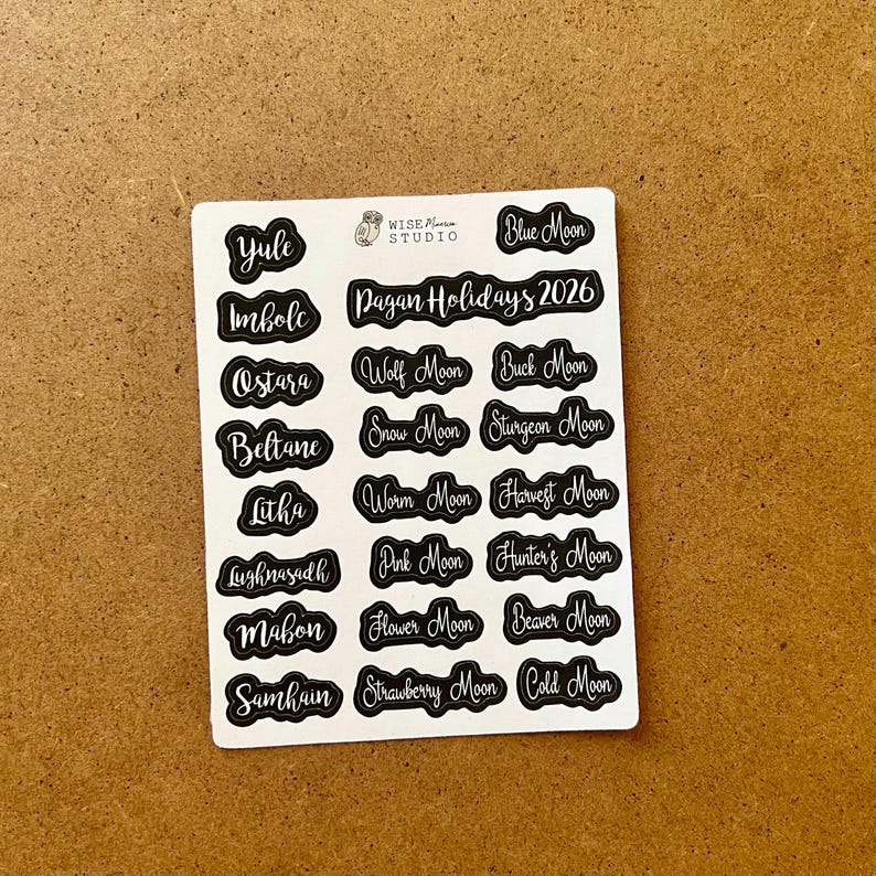 2026 Pagan Holidays Script Planner Stickers, Journal Stickers Black