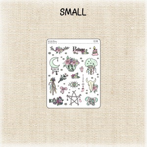 May include: A sheet of stickers with a variety of designs, including flowers, a crescent moon, a pentagram, a skull, a butterfly, and the word "Beltane".