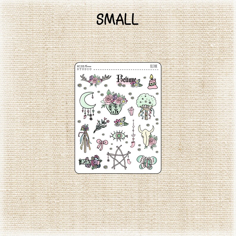 May include: A sheet of stickers with a variety of designs, including flowers, a crescent moon, a pentagram, a skull, a butterfly, and the word "Beltane".