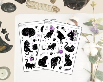 Black Cats Planner Stickers, Deco Stickers for journals| Hand Drawn witchy cats