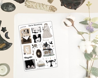 May include: A sheet of stickers with a spooky theme. The stickers feature a variety of images, including a ghost, a haunted house, a skull, a key, a book, a candlestick, and a bride. The stickers are printed on white paper and have a black and white color scheme. The text "Eerie Haunting" is printed at the top of the sheet.