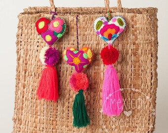 Mexican Felt Hearts / Hand Embroidered hearts with pom-poms / heart pompom tassel charm / wedding favors / baby shower