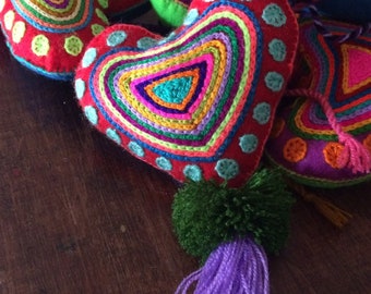Mexican Large Felt Hearts / Hand Embroidered hearts with pom-poms / heart pompom tassel charm / wedding favors / baby shower