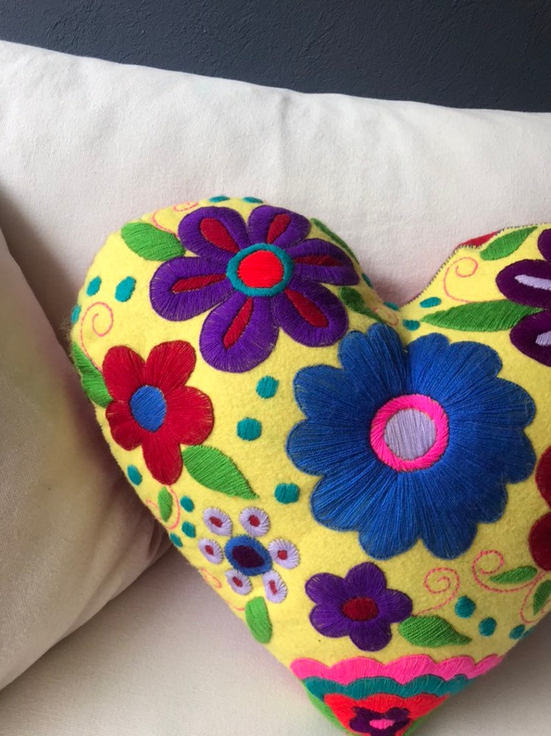 NEW Hand embroidered Heart Pillow / Mexican Embroidered Pillow Etsy