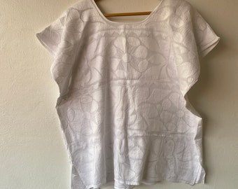 Hand Embroidered Mexican Huipil Blouse: White Floral Mazateca Top