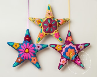 Felt Star - Colorful Hand Embroidered Design - 5” Size tree topper