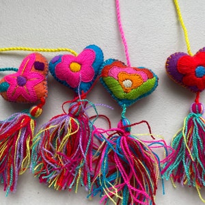 Mini Embroidered Felt Hearts with Tassel -Colorful Heart Ornament for Gifts, Bags, Nursery, Wedding favor, swag, Mexico Swag, Shower favors