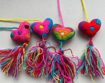 Embroidered Felt Heart Ornament with Tassel: Mexican Folk Art