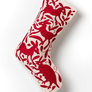 Otomi Embroidered Christmas Stocking in Red - Unique Mexican Home Decor - ready to ship