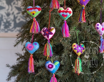 Hand Embroidered Heart Christmas Ornaments with Tassels