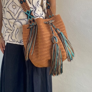 Brown Crochet Bag, handmade crochet bag, tote crochet bag, crossbody bag with tassels