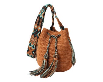 Handmade Crochet Crossbody Bag: Round Tote with Colorful Strap