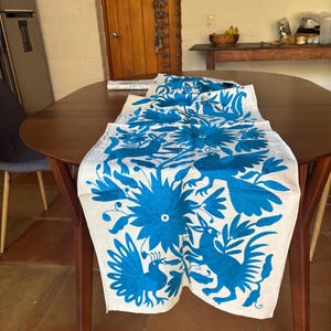 Otomi Mexican Medium Blue Hand Embroidered Cotton Table Runner. Animal and flower embroidery