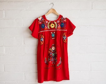 Mexican Embroidered Dress Red Floral Boho Mini Dress Handmade Oaxaca Dress Folk Art Tunic medium to large