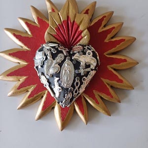sacred flame heart with Milagros Religious Art, Milagros Heart, exvoto, Corazón de madera con milagros, Mexican Folk