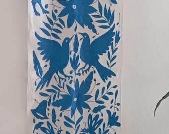 Hand Embroidered Blue Otomi Table Runner - Mexican Decor, 73"