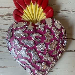 Large Religious Art, Milagros Heart, exvoto, Corazón de madera con milagros, Mexican Folk