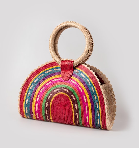 Hand-Painted Rainbow Palm Straw Bag: Half Circle Beach Tote