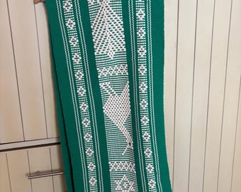 Bordlöpare i vävd bomull: Grön, krämfärgad, traditionellt oaxacamönster, ryggvävstol (150 cm)