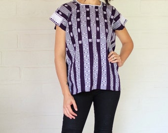 Handmade Loom Woven Huipil Blouse: Dark Purple & White Cotton