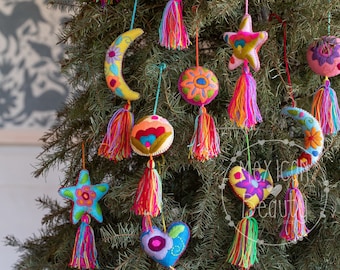 Mexican Christmas Ornaments Set with Stars, Moons, Hearts - Handmade Holiday Decor - Includes Tassels