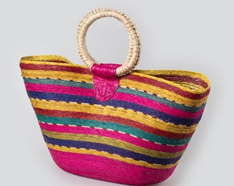 Handwoven Palm Leaf Beach Bag: Large Rainbow Basket with Tassel