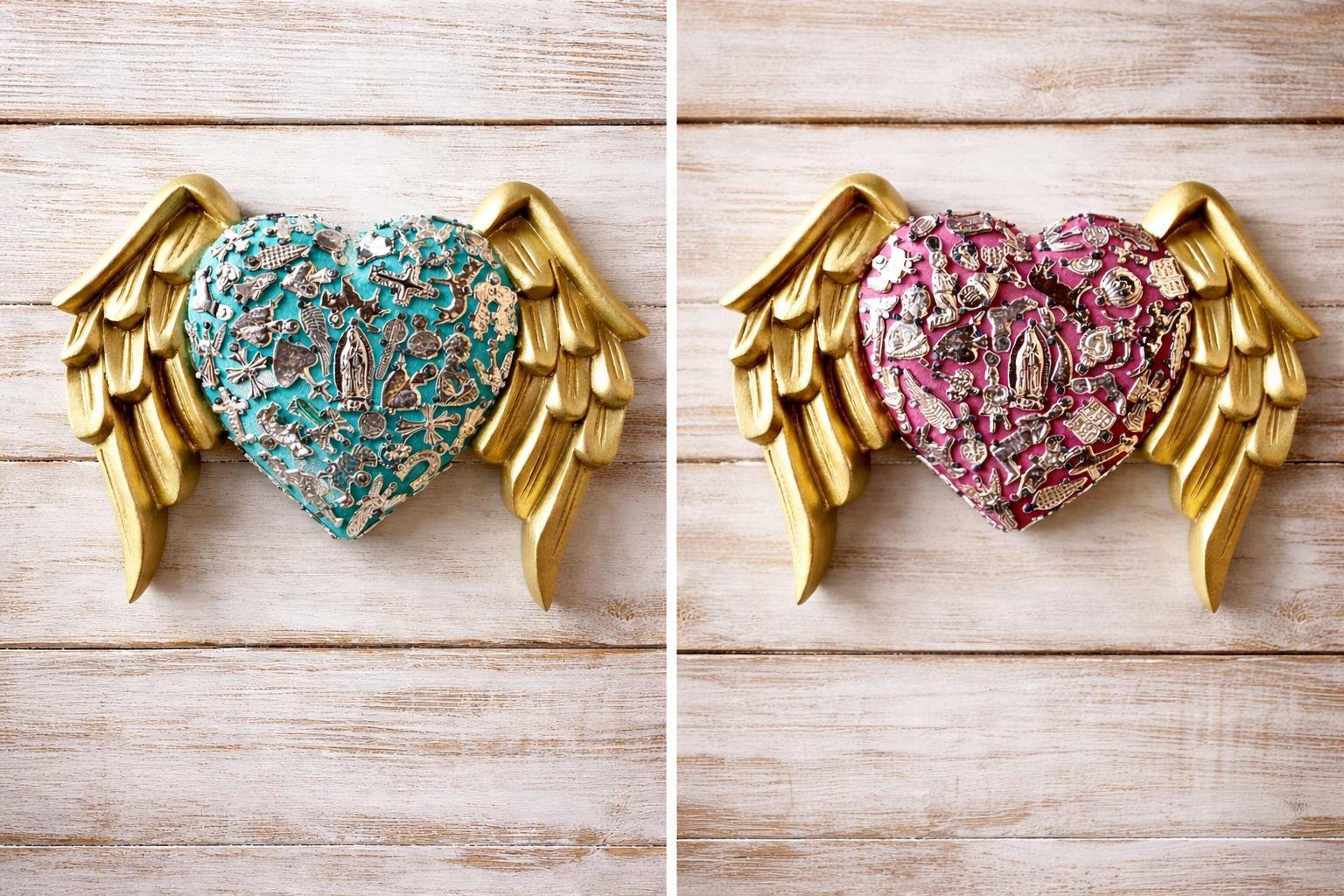 Handcrafted and Carved Wooden Hearts With Wings and Metal Miracles 